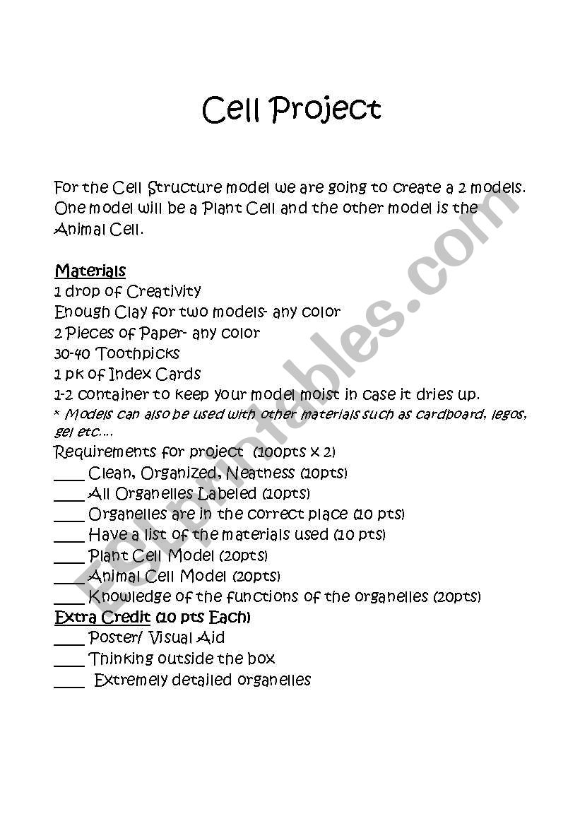 Cell Project worksheet