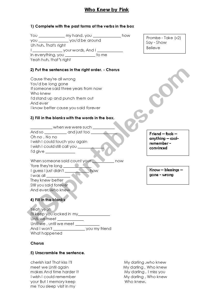 Who knew song worksheet