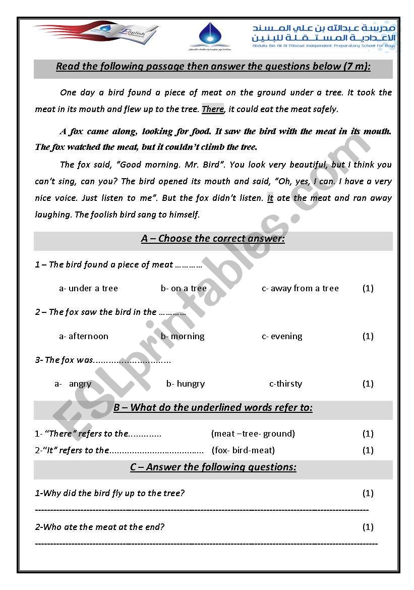 the foolish bird and the fox worksheet