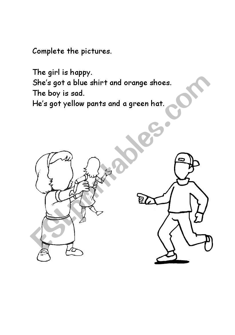 Pre-school colouring activity, describing people. 