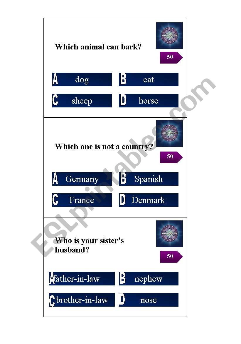 Who wants to be a millionaire, cards for level A2