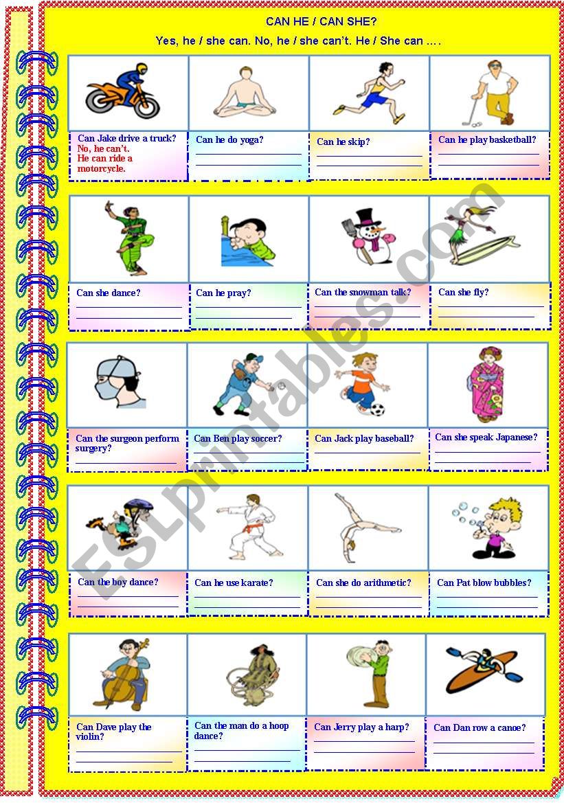 Can he / she ..? Yes he/she can. No, he/she canÂ´t. He/She can.......(with answer key)**editable 