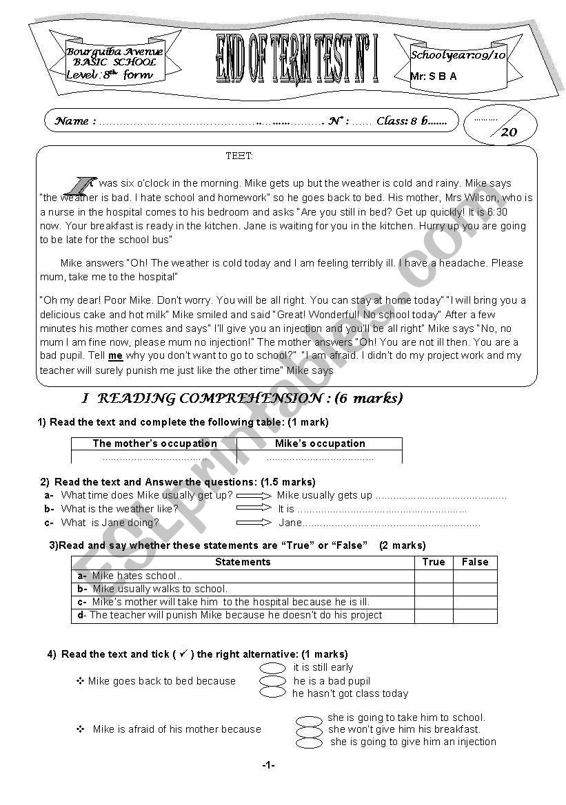 END OF TERM TEST 8TH FORMS READING COMPREHENSION