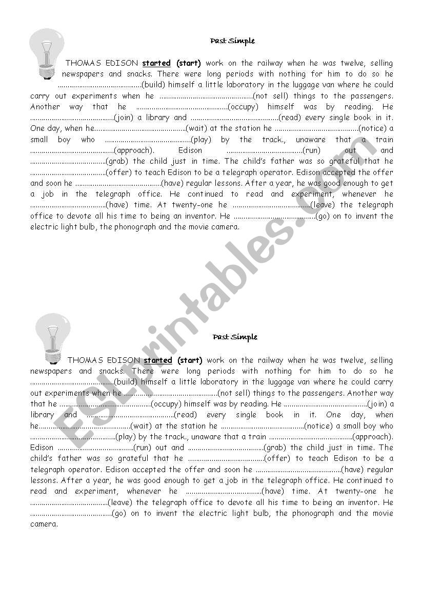 Simple Past - Thomas Edison worksheet