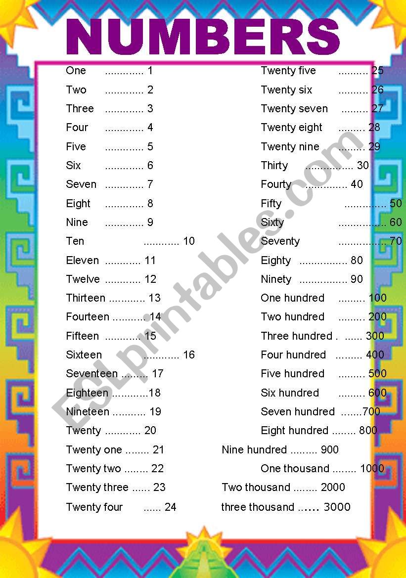 numbers list worksheet