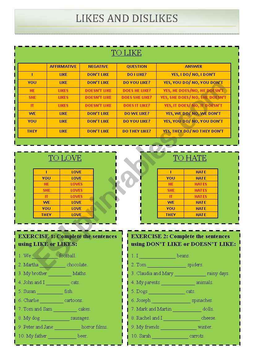 LIKE, LOVE AND HATE worksheet