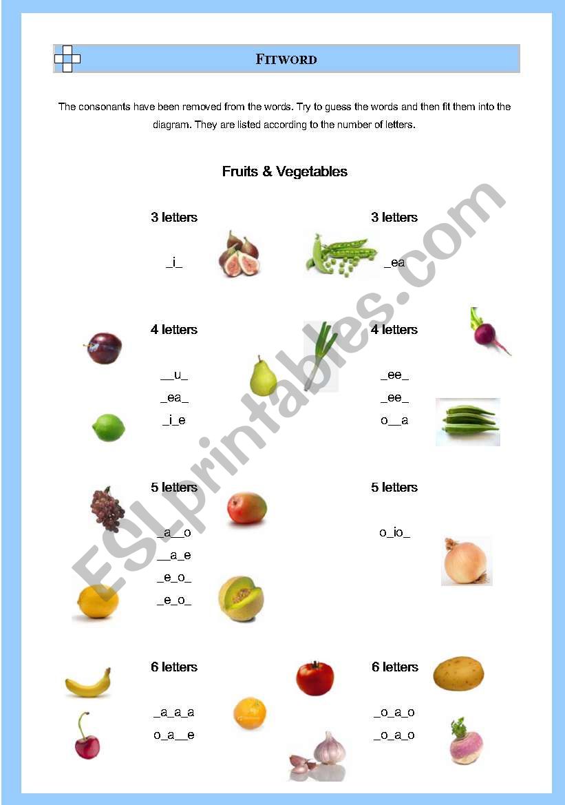 Fruits and Vegetables Fitword worksheet