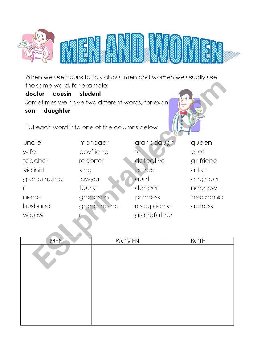 men and women worksheet