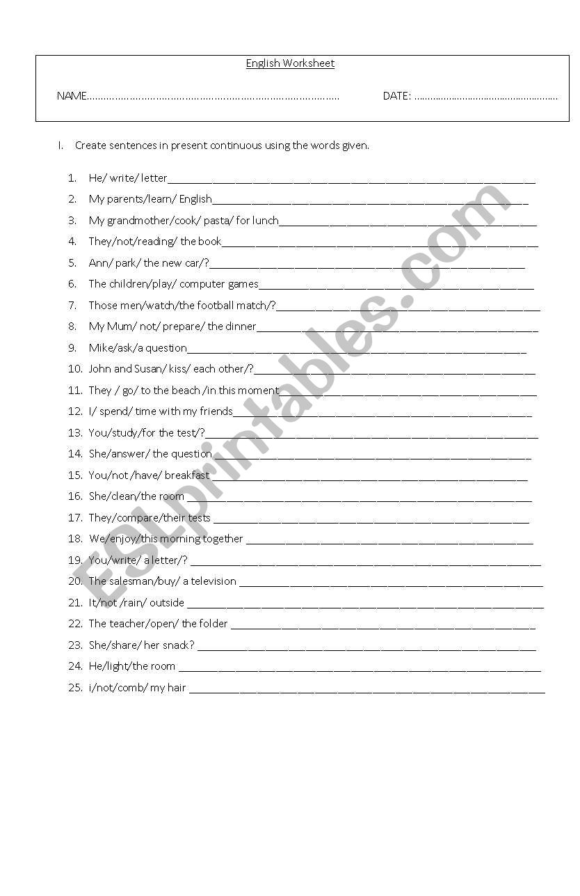 present continuous worksheet