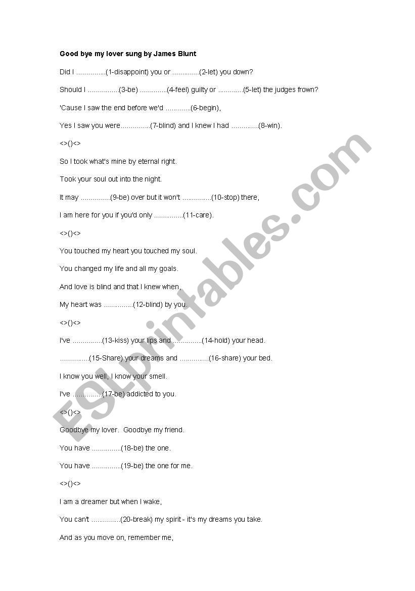 Goodbye my lover lyrics worksheet