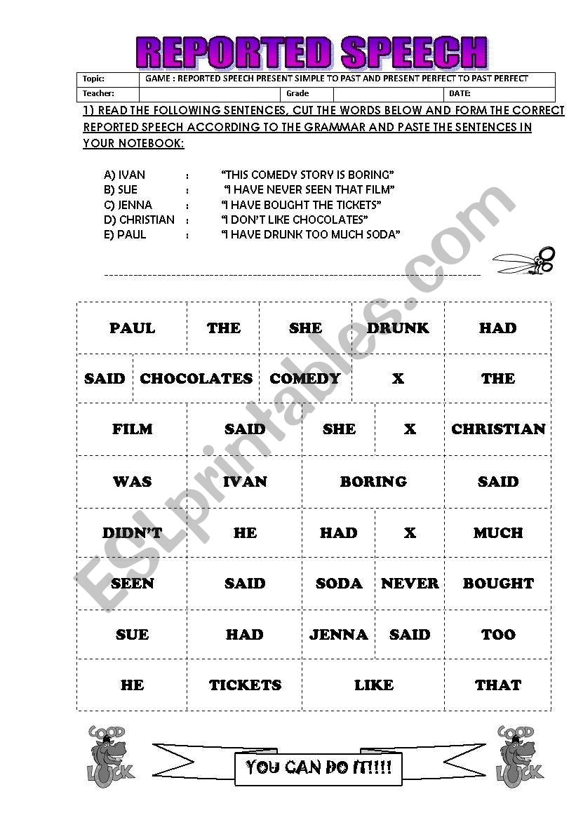 REPORTED SPEECH worksheet