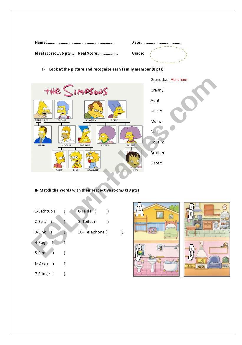 QUIZ TO ASSESS FAMILY Possessives and Personal Pronouns, PARTS OF THE HOUSE