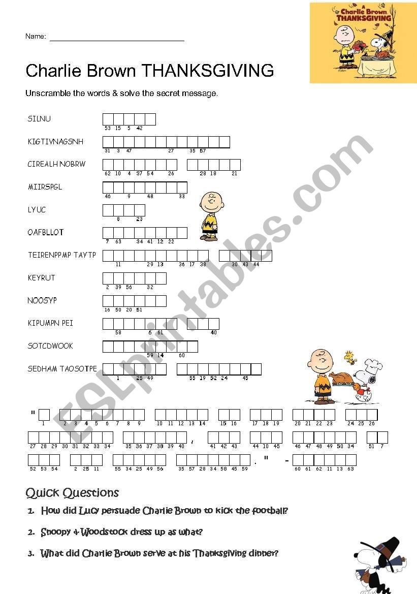 Charlie Brown Thanksgiving worksheet