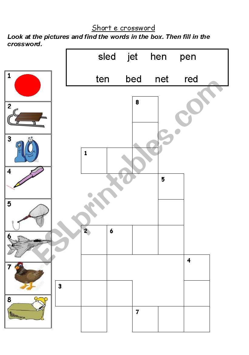 Short e crossword worksheet