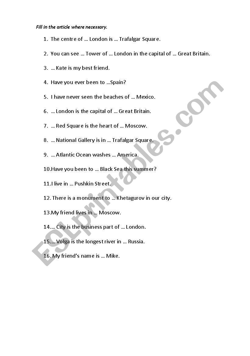 fill in the articles worksheet