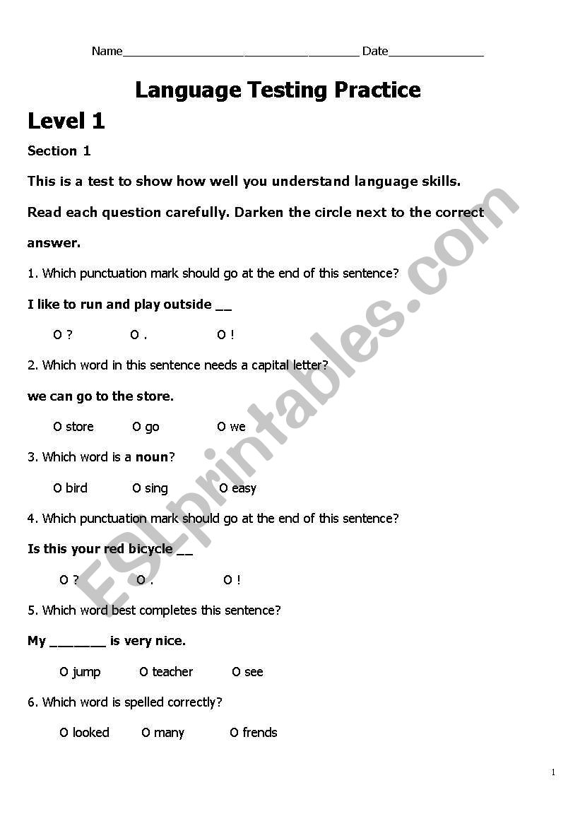 Language Testing Practice worksheet