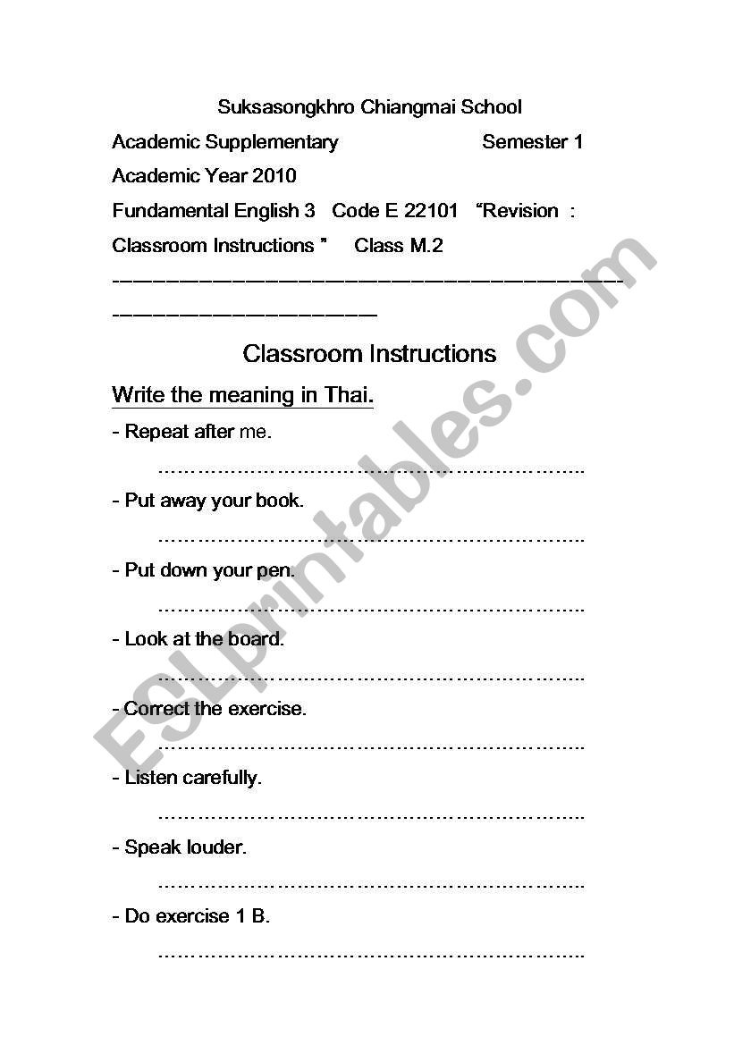 Classroom Instructions worksheet