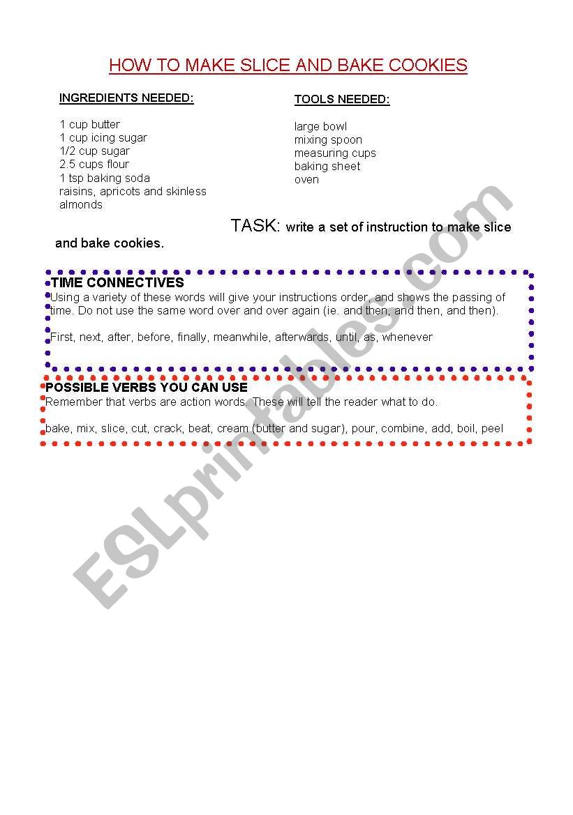 Baking instructions worksheet