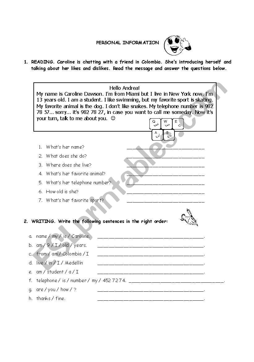 Personal Information worksheet