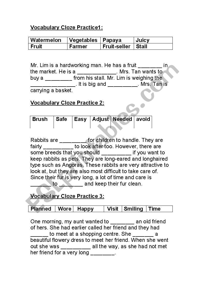 vocabulary cloze worksheet