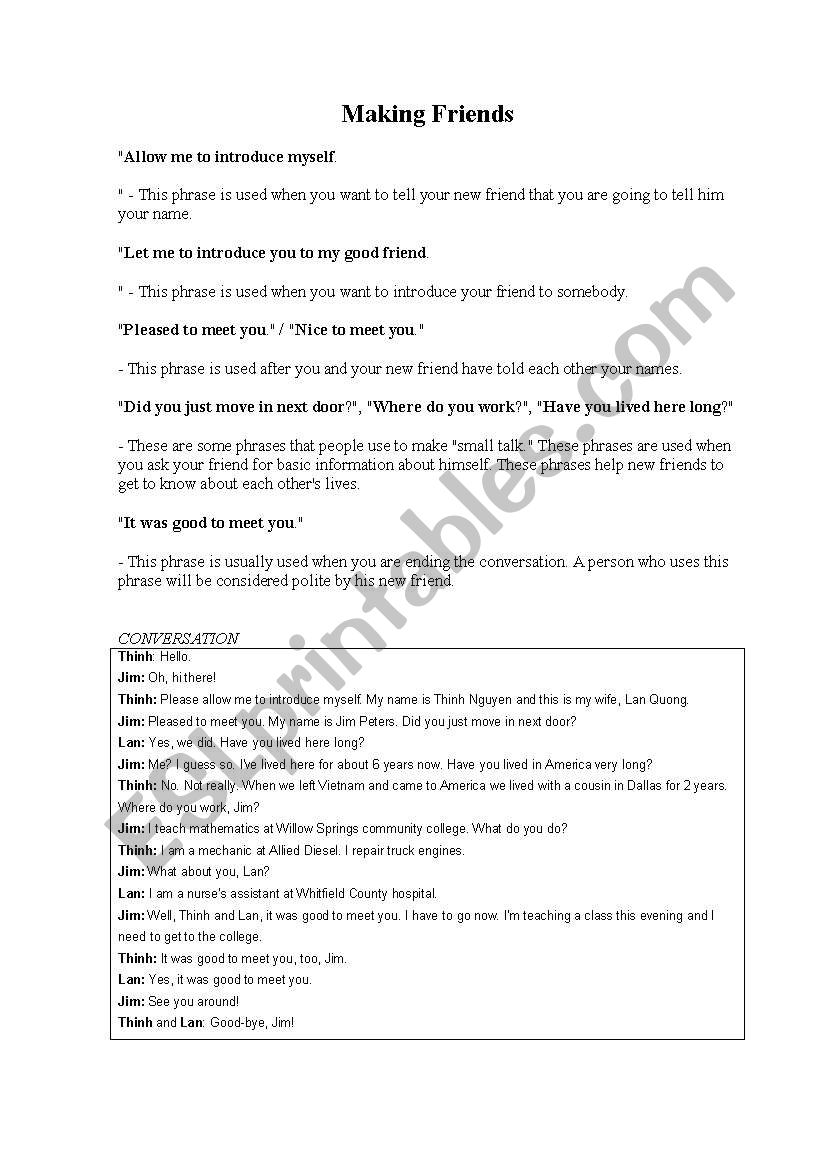 making friends worksheet