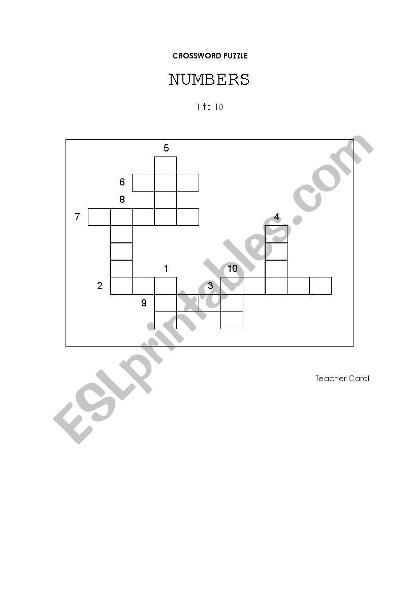 Crossword Numbers 1 to10 worksheet