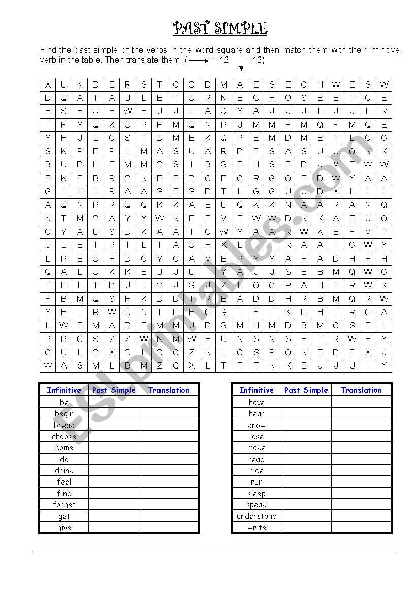 Past Simple wordsearch worksheet