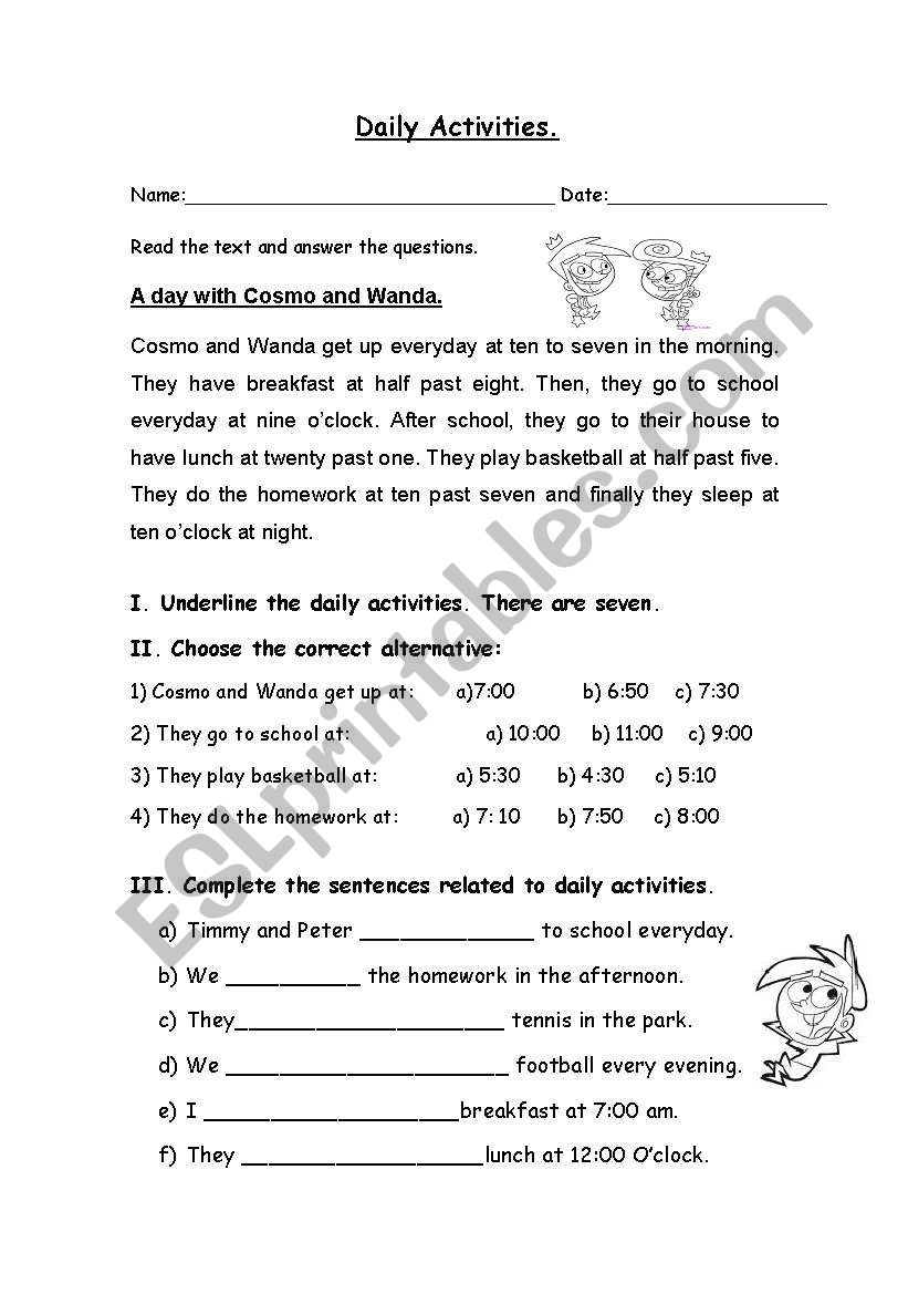 Daily activities worksheet