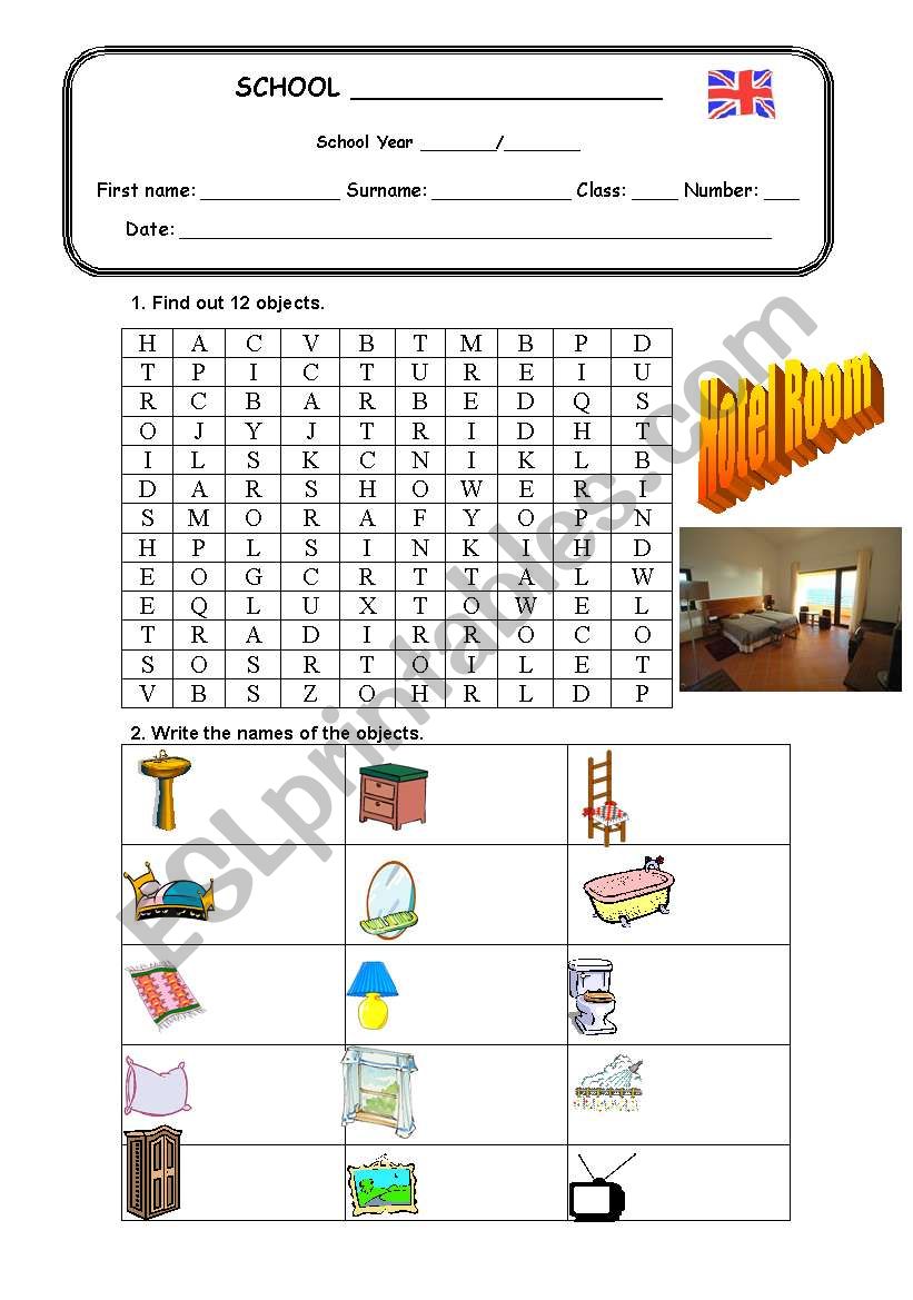 Hotel room wordsearch worksheet