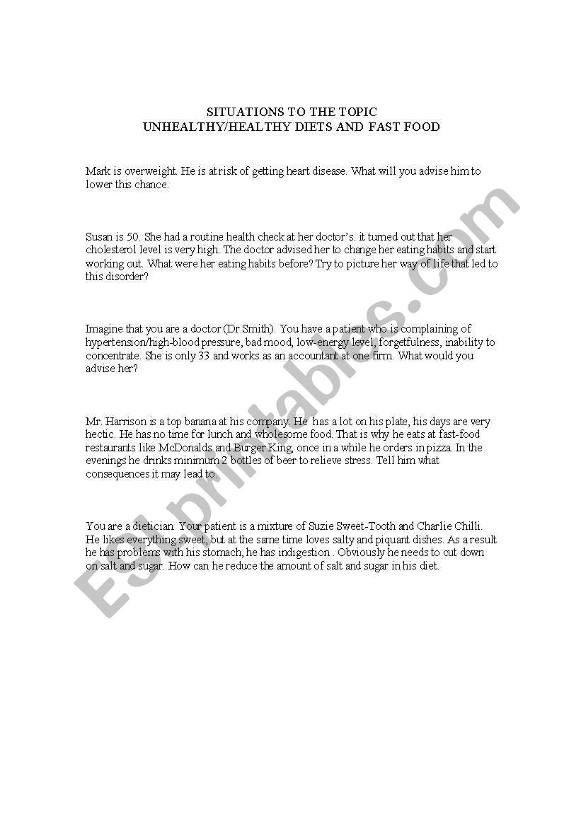 situations to the topic Food worksheet