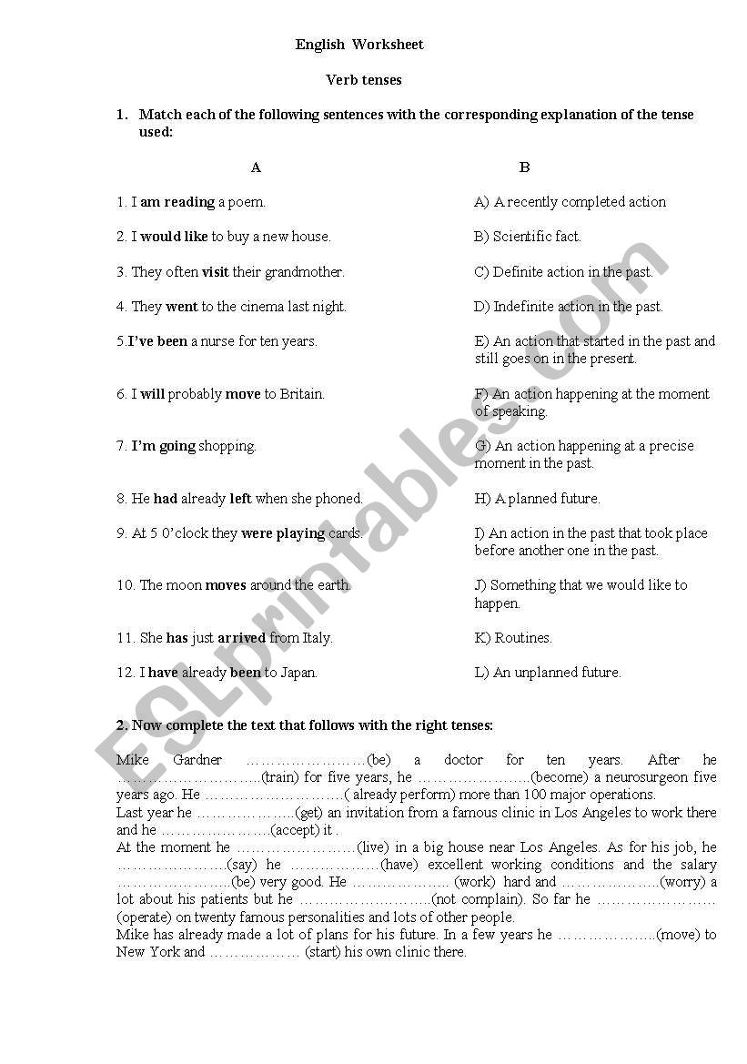 verb tenses worksheet