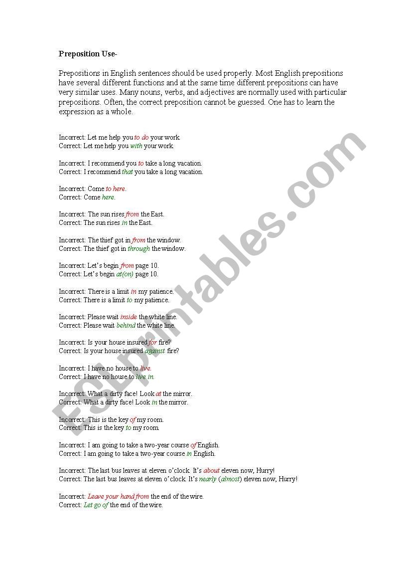 Preposition worksheet