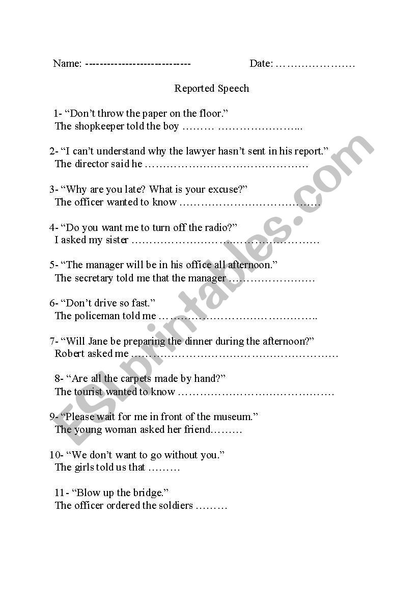 Reported speech exercises worksheet