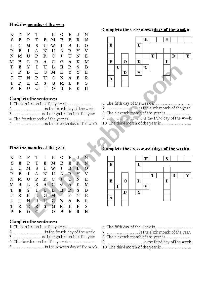 Months, Days of the week worksheet