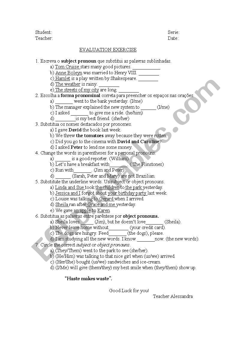 personal pronouns worksheet