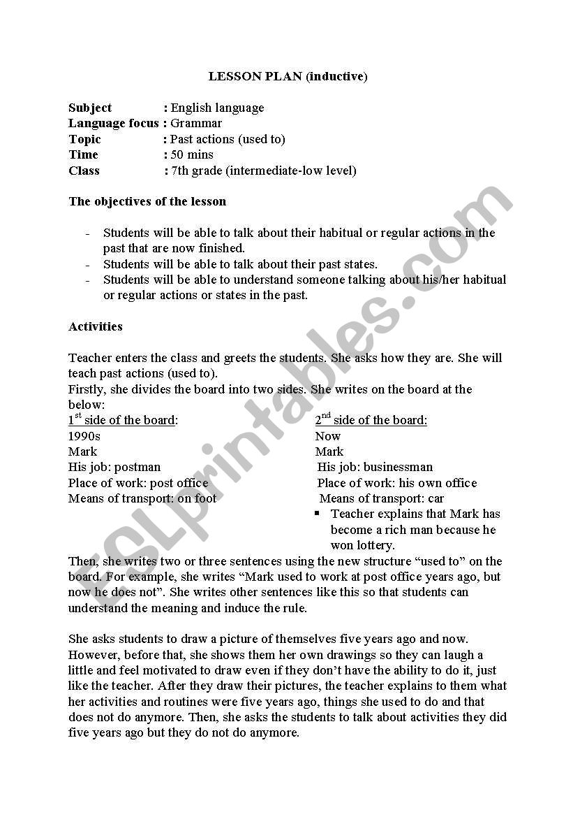 Lesson plan (used to) worksheet
