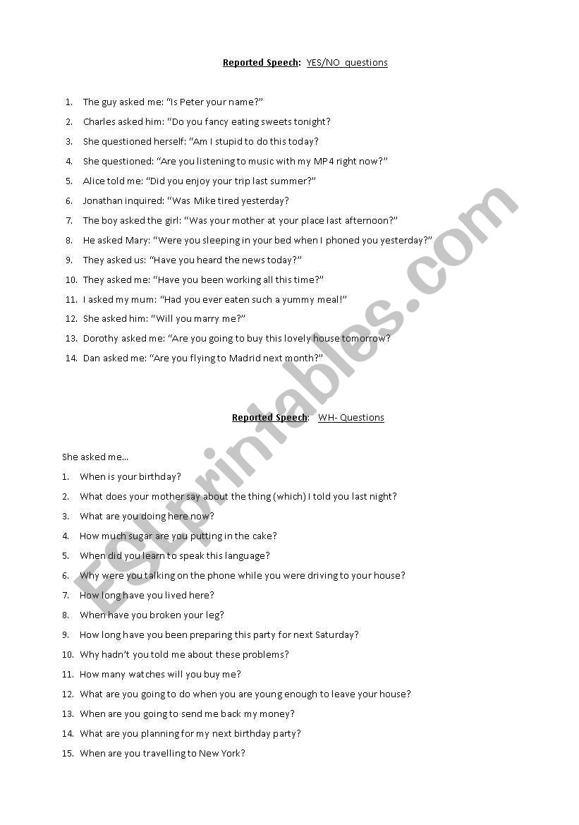 Reported Speech worksheet