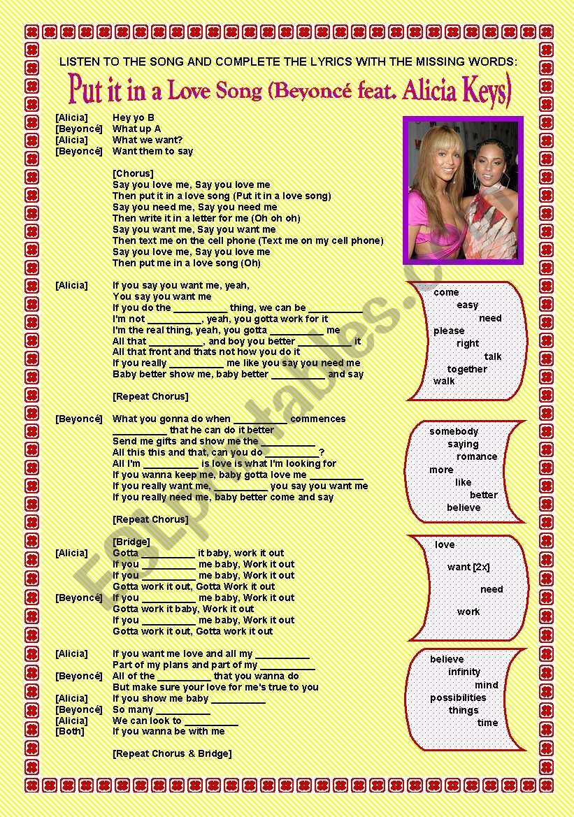 Song activity - Beyonc & Alicia Keys - Put it in a love song
