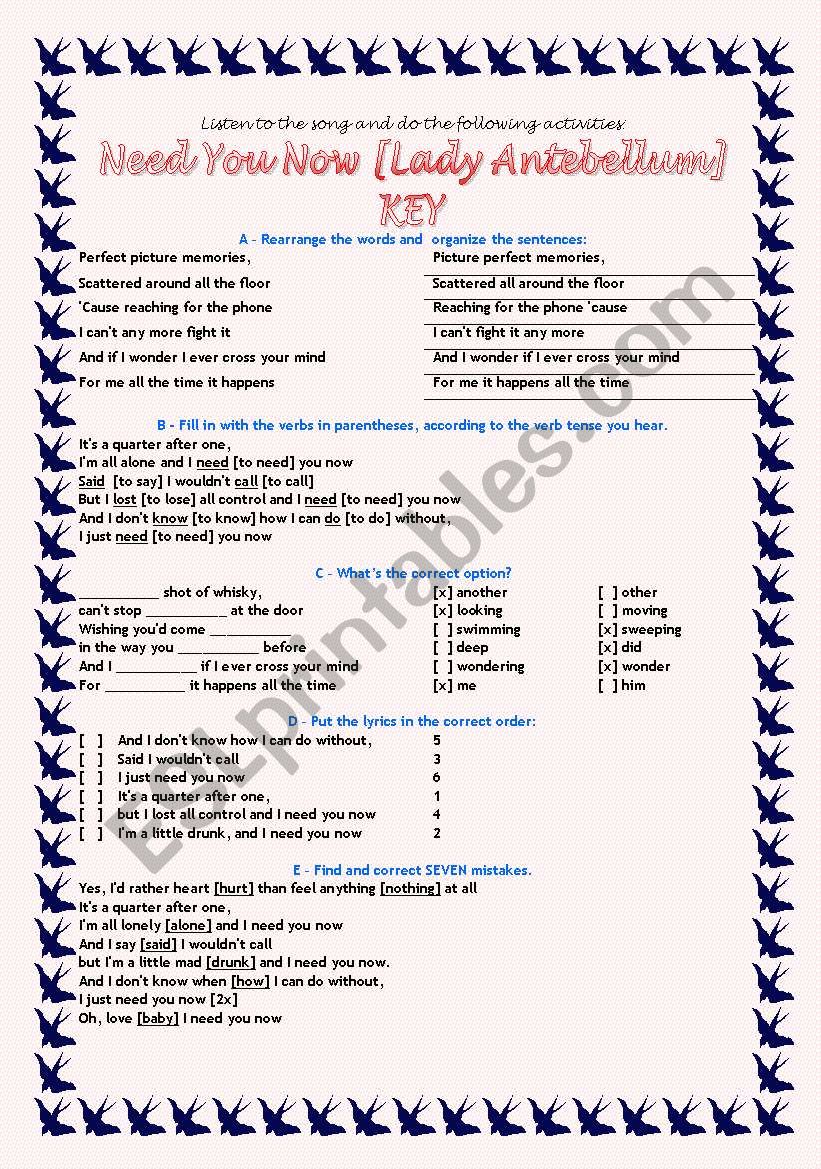 Song Activity Lady Antebellum Need You Now Esl Worksheet By Denise Calazans esl printables