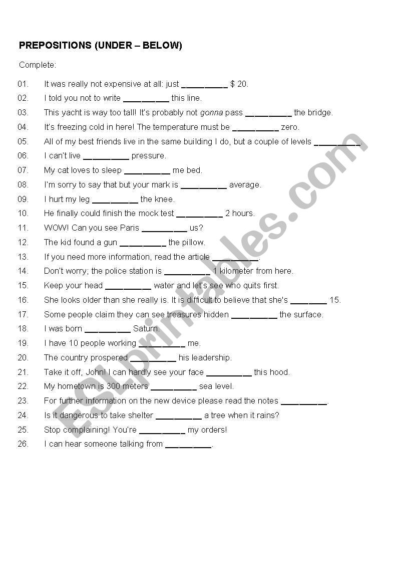 PREPOSITIONS - UNDER / BELOW worksheet