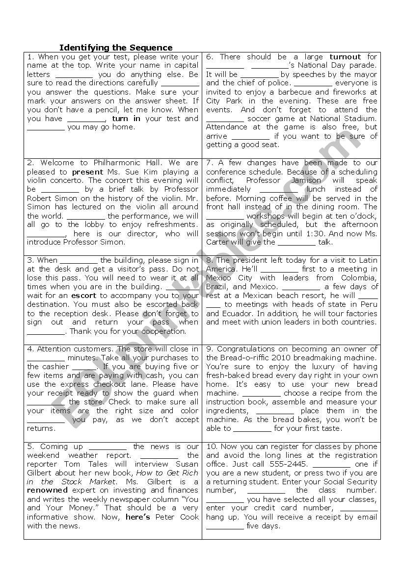 Identifying sequence - talk worksheet