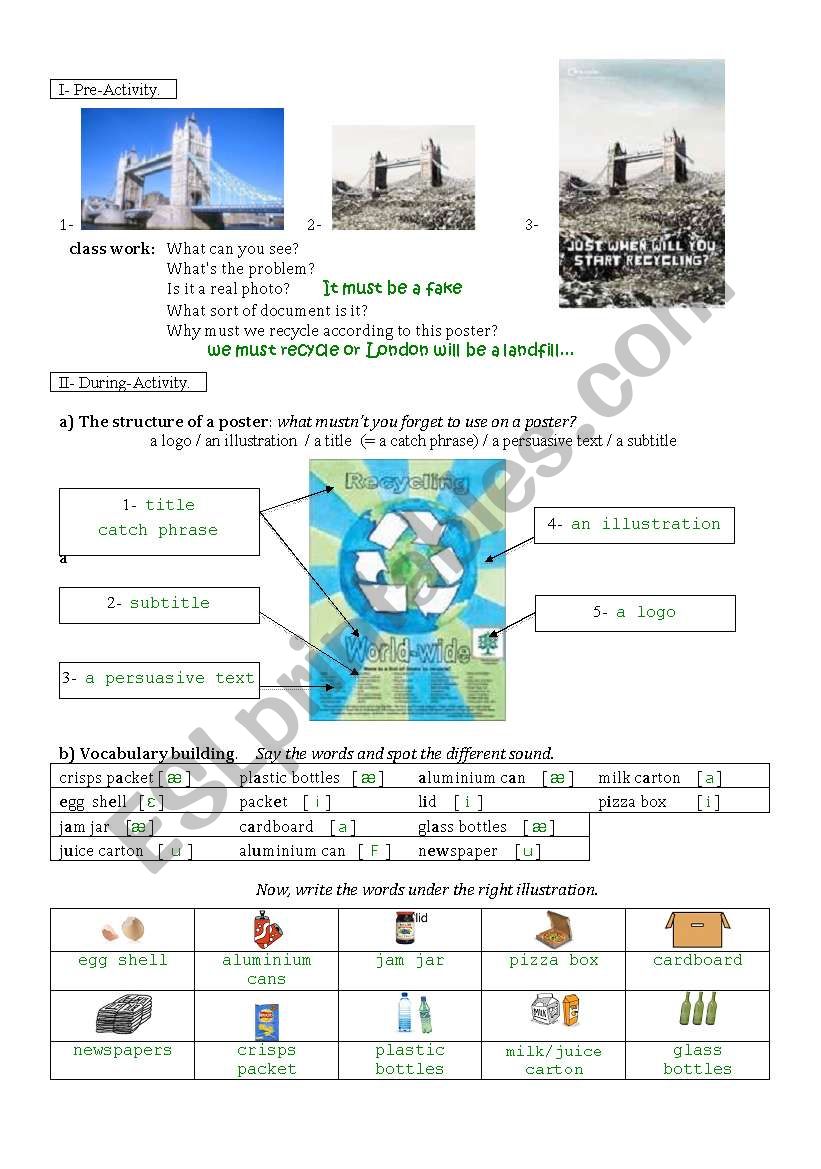 The first step of a lesson plan on recycling using modals