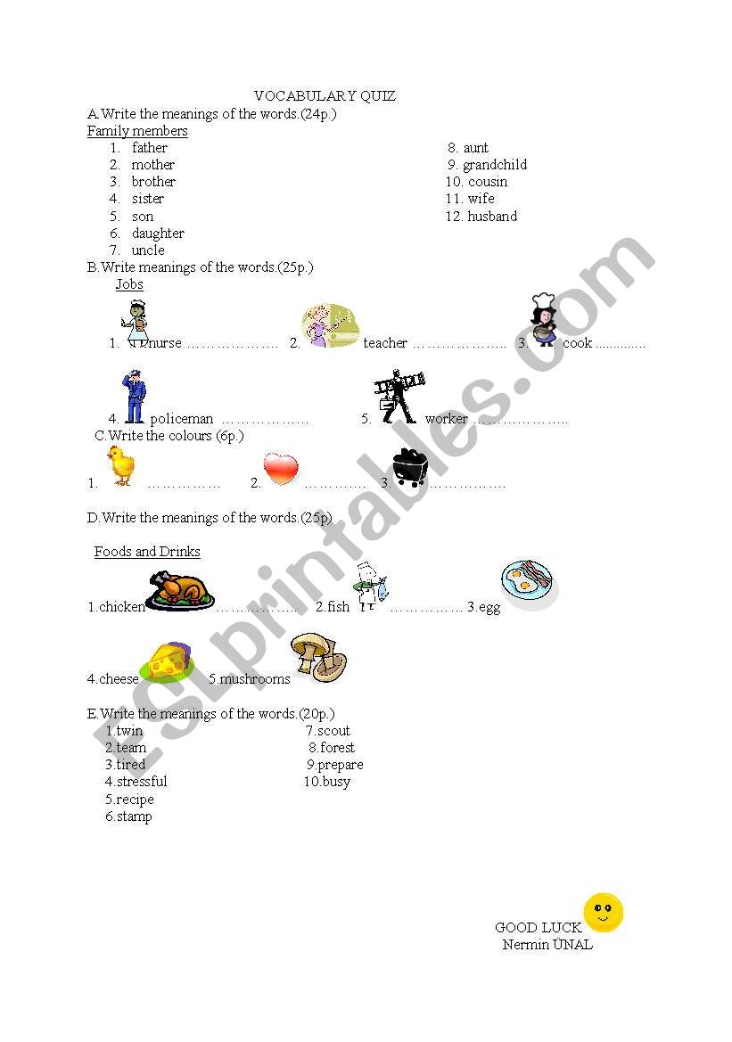 vocabulary quiz worksheet