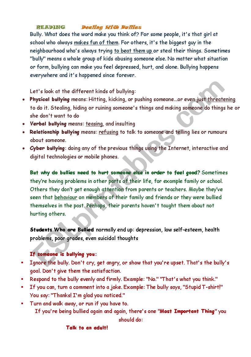 Dealing with Bullying worksheet