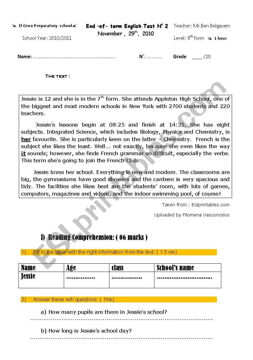 End of term test n 1 worksheet