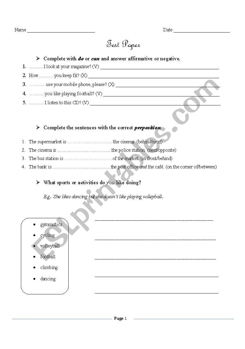 test paper worksheet