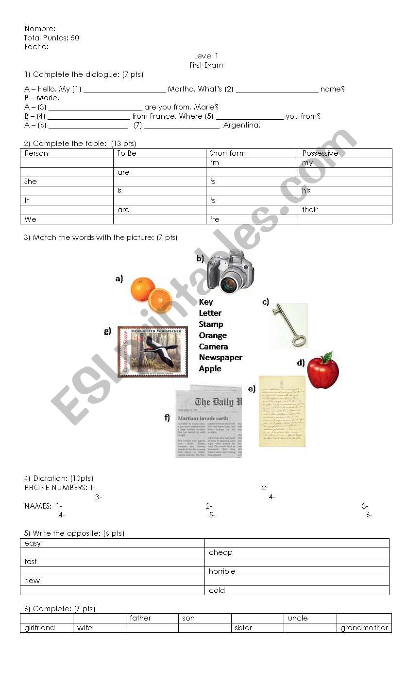 Elementary Exam 1 worksheet