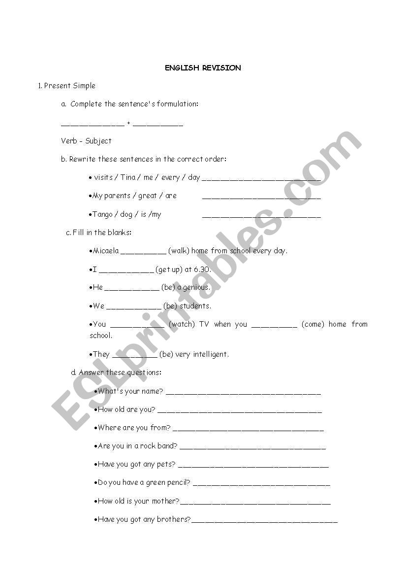 ENGLISH REVISION worksheet