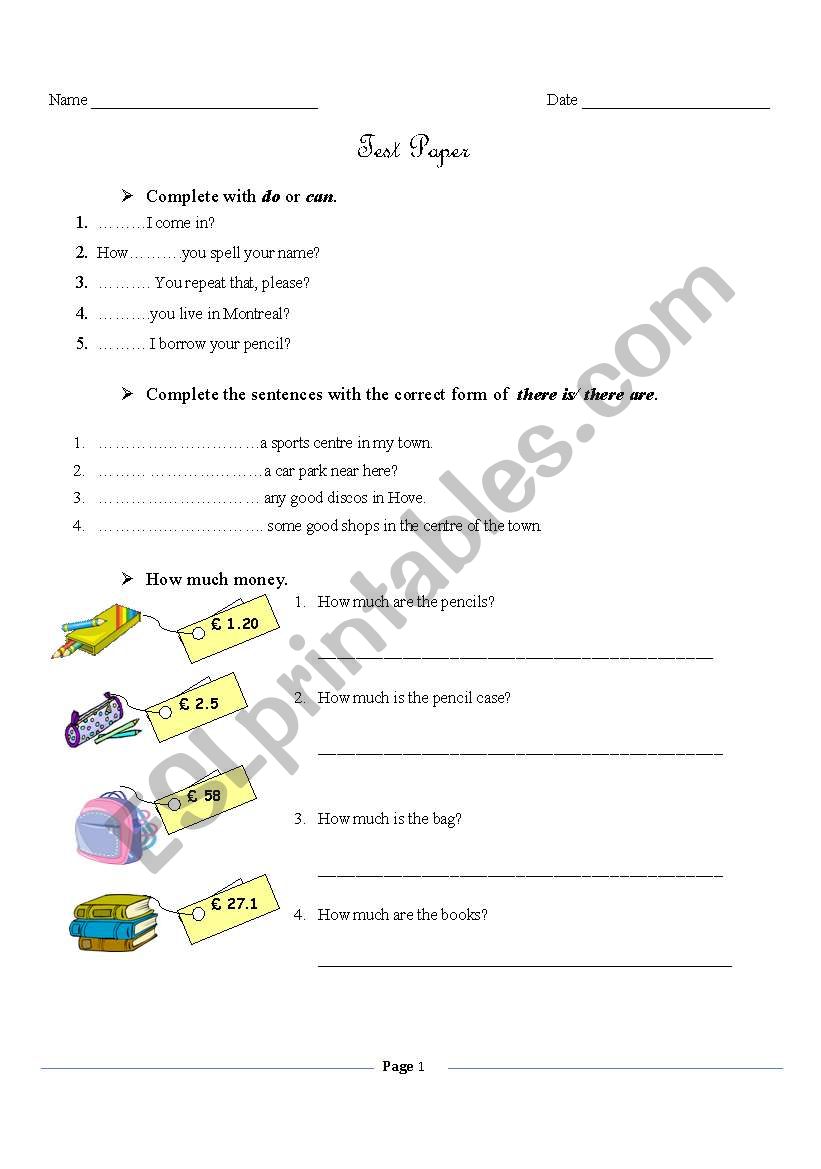 test paper worksheet