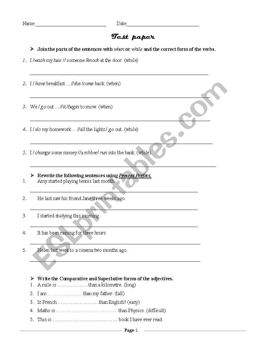 test paper worksheet